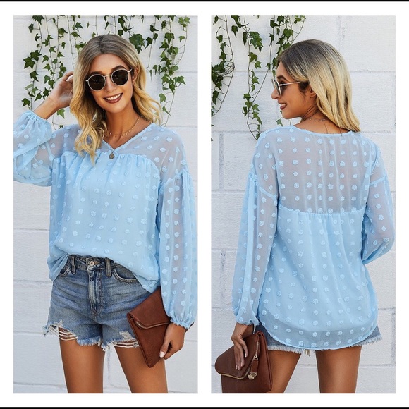 Blue Swiss Dot Long Sleeve Lined Top NWT Size Small - Picture 1 of 8